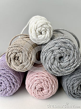 Colored macramé laces. Eco-friendly organic cotton macramé material. Stock Photo