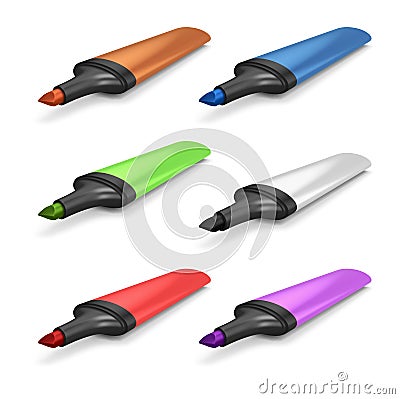 Colored markers without caps on a white background. Stock Photo