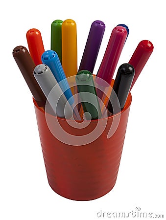 Colored markers in a orange colored plastic cups isolated on white Stock Photo