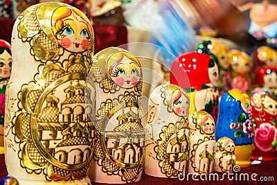 colored matrioskas at the russian shop Stock Photo