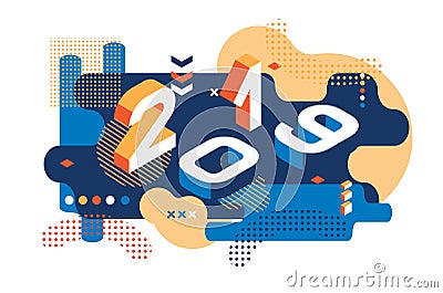 2019 Colored Memphis style. Banner with 2019 Numbers. Vector New Year illustration Vector Illustration