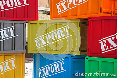 Colored metal containers with the inscription export Stock Photo