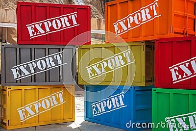 Colored metal containers with the inscription export Stock Photo