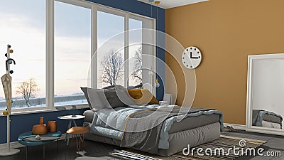 Colored modern blue and yellow bedroom with big panoramic window Stock Photo