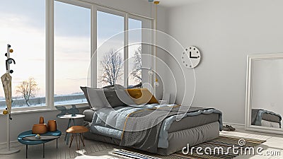 Colored modern white bedroom with big panoramic window, sunset, Stock Photo