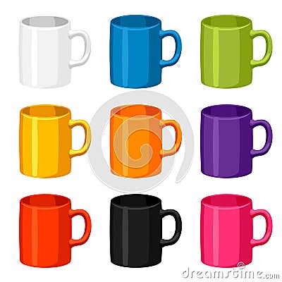 Colored mugs templates. Set of promotional gifts and souvenirs Vector Illustration