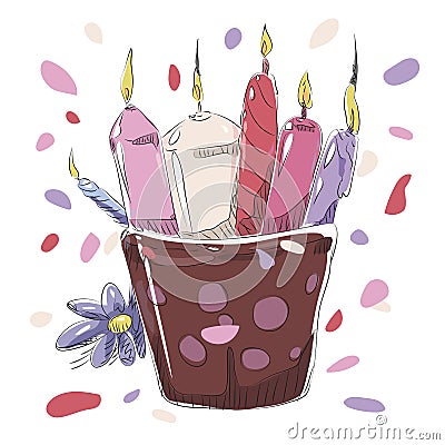 Multicolored red pink purple candles in a glass of candlestick brown holiday confetti petals birthday flowers Gift fire burning is Vector Illustration