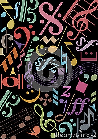 Colored music signs on black Stock Photo