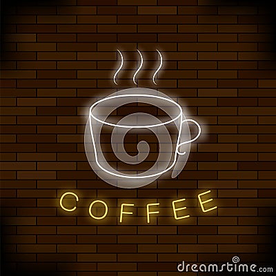 Colored Neon Coffee Cup. Night City Banner Stock Photo