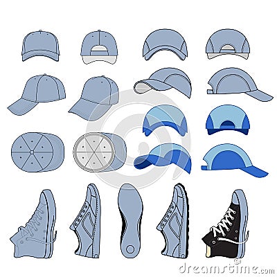 Colored outlined sneakers & baseball cap set Vector Illustration