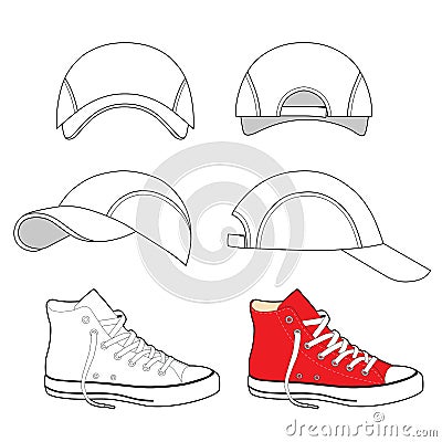 Colored outlined sneakers & baseball cap set Vector Illustration