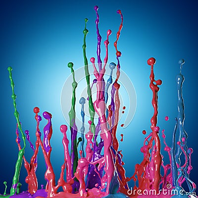 Colored paint splashes on blue background Stock Photo