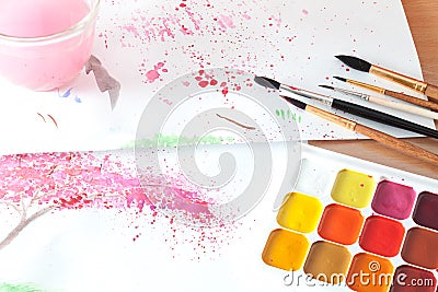 Colored paints on the table Stock Photo