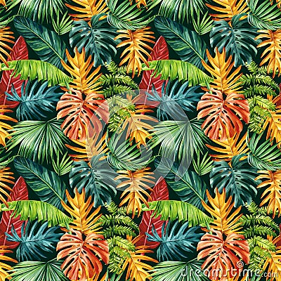 Colored Palm leaves, tropical background, hand drawn watercolor botanical painting. Seamless pattern, jungle wallpaper Cartoon Illustration