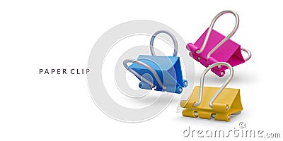 Colored paper clips. Stationery. Realistic binder clip with shadows on white background Vector Illustration