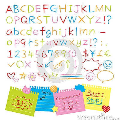 Colored pencil hand drawn style alphabets set Vector Illustration