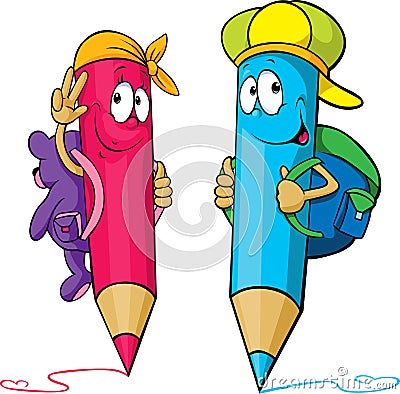 Colored pencils cartoon with school bags on their Vector Illustration