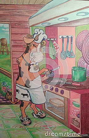 Cow chief cooking dinner on her farm kitchen Stock Photo