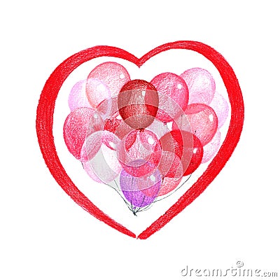 Colored pencils illustration sketch of red pink and transparent balloons in the shape of a heart Cartoon Illustration