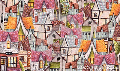 Colored pencils pattern city with cafe, houses, greenhouse. Cartoon Illustration