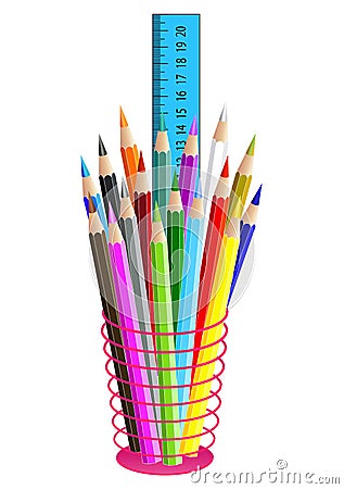 Colored pencils in a pencil case, isolated on white. Vector Vector Illustration