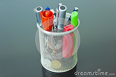 Colored Pencils in a Silver Tin Stock Photo