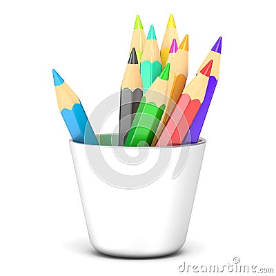 Colored pencils in a white holder. 3D Cartoon Illustration