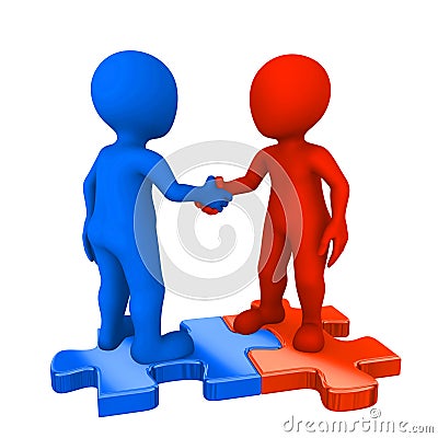 Colored people on puzzles shaking hands. Cartoon Illustration