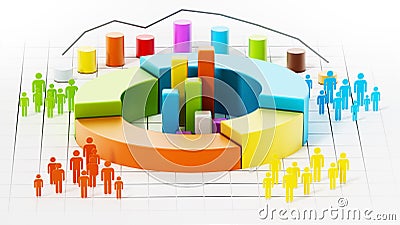 Colored people silhouettes around charts. 3D illustration Cartoon Illustration