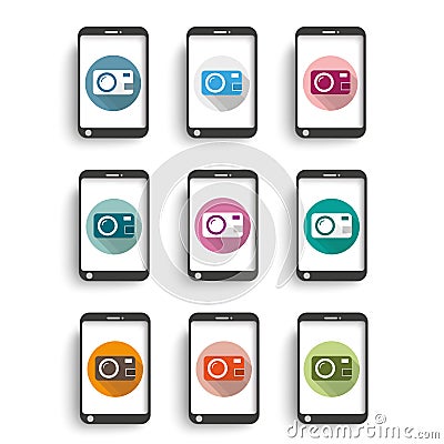 9 Colored Photocamera Icons Smartphones Vector Illustration