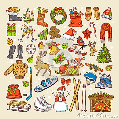 Colored pictures of christmas toys and specific objects of winter season Vector Illustration