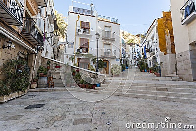 Colored picturesque houses, street.Typical neighborhood histori Editorial Stock Photo