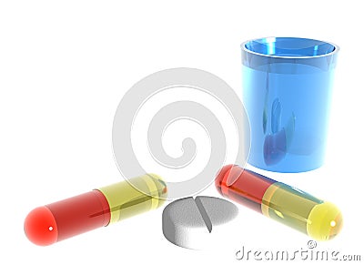 Colored pills and blue glass of water on white bac Stock Photo