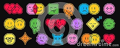 Colored pixel emoji smile pack. Various pixel art smiles with laugh or love emotions, groovy faces, message chat Vector Illustration