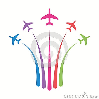 Colored planes in the sky scatter in different directions, leaving a condensation trail. Stylized image for the logo. Top wiew Stock Photo