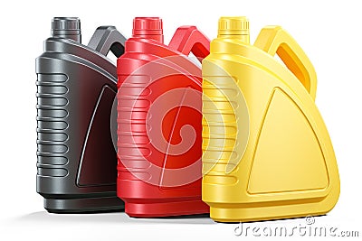 Colored plastic cans of motor oils Stock Photo