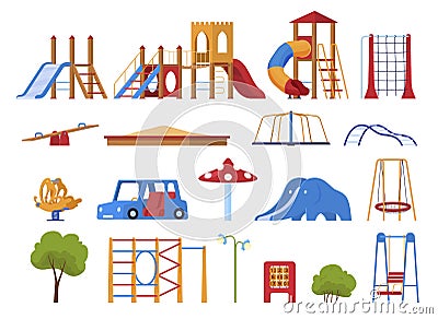 Colored playground equipment set vector flat illustration. Collection of amusement attraction Vector Illustration