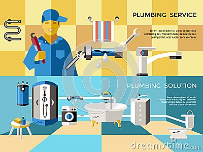 Colored Plumbing Concept Banner Set Vector Illustration