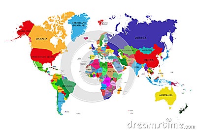 Colored political world map with names of sovereign countries and larger dependent territories. Different colors for each countrie Vector Illustration