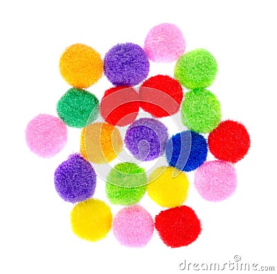 Colored pom pom, party and sewing decoration. Isolated on white Stock Photo