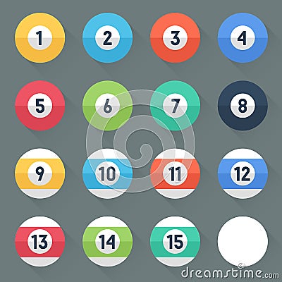 Colored Pool Balls. Numbers 1 to 15 and zero ball. Flat style with long shadows. Modern trendy design. Vector Illustration