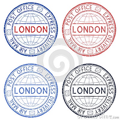 Colored postmarks LONDON. Express delivery, round ink stamps Vector Illustration