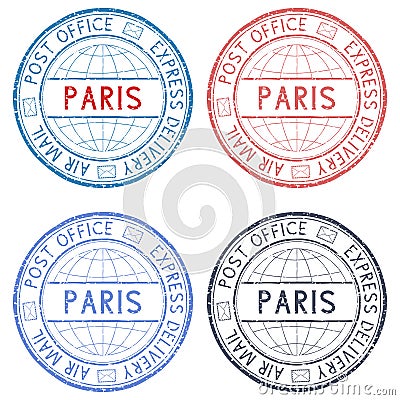 Colored postmarks Paris. Express delivery, round ink stamps Vector Illustration