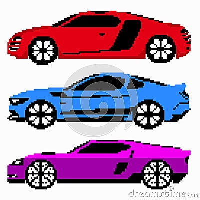 Colored race cars collection vector pixel art Vector Illustration