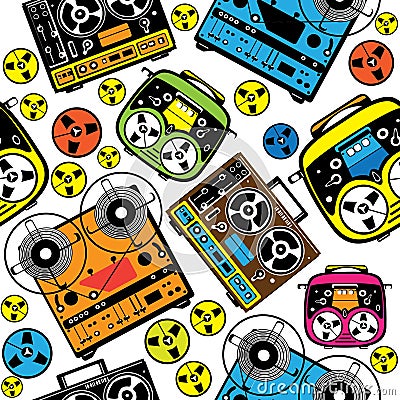 Colored reel tape recorder seamless pattern Vector Illustration