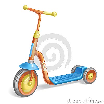 Colored roller scooter for children. Balance bike. Eco city transport. Vector kick scooter collection. Push cycle isolated on whit Stock Photo