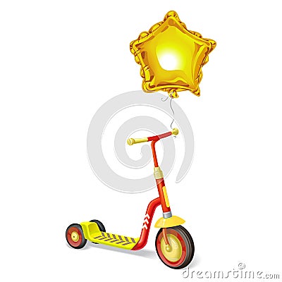 Colored roller scooter for children and balloon. Balance bike. Eco city transport. Vector kick scooter collection. Push cycle isol Stock Photo