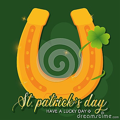 Colored saint patrick day poster golden horseshoe with clover Vector Vector Illustration