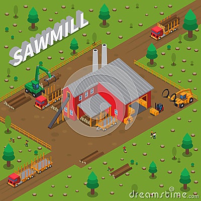 Timber Mill Lumberjack Isometric Composition Vector Illustration