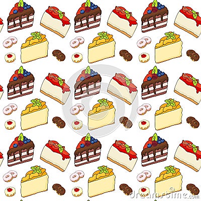 Colored Seamless Pattern with Cakes and Pastries. Background with Sweets in Hand Drawn Doodle Style. Vector Illustration Vector Illustration
